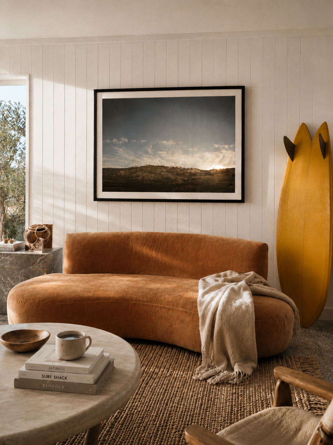 A framed landscape photograph hangs on a white paneled wall above a curved rust-orange velvet sofa in a styled living room. A yellow surfboard leans against the wall on the right, and a round stone coffee table with books and a mug sits in the foreground.